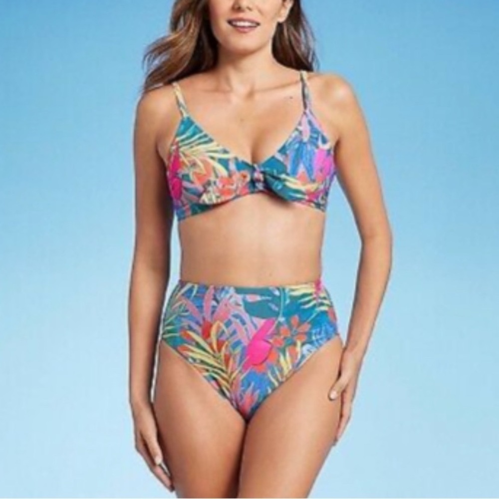 Kona Sol Blue Tropical Floral Print Tie Front Bikini Set - Picture 2 of 10